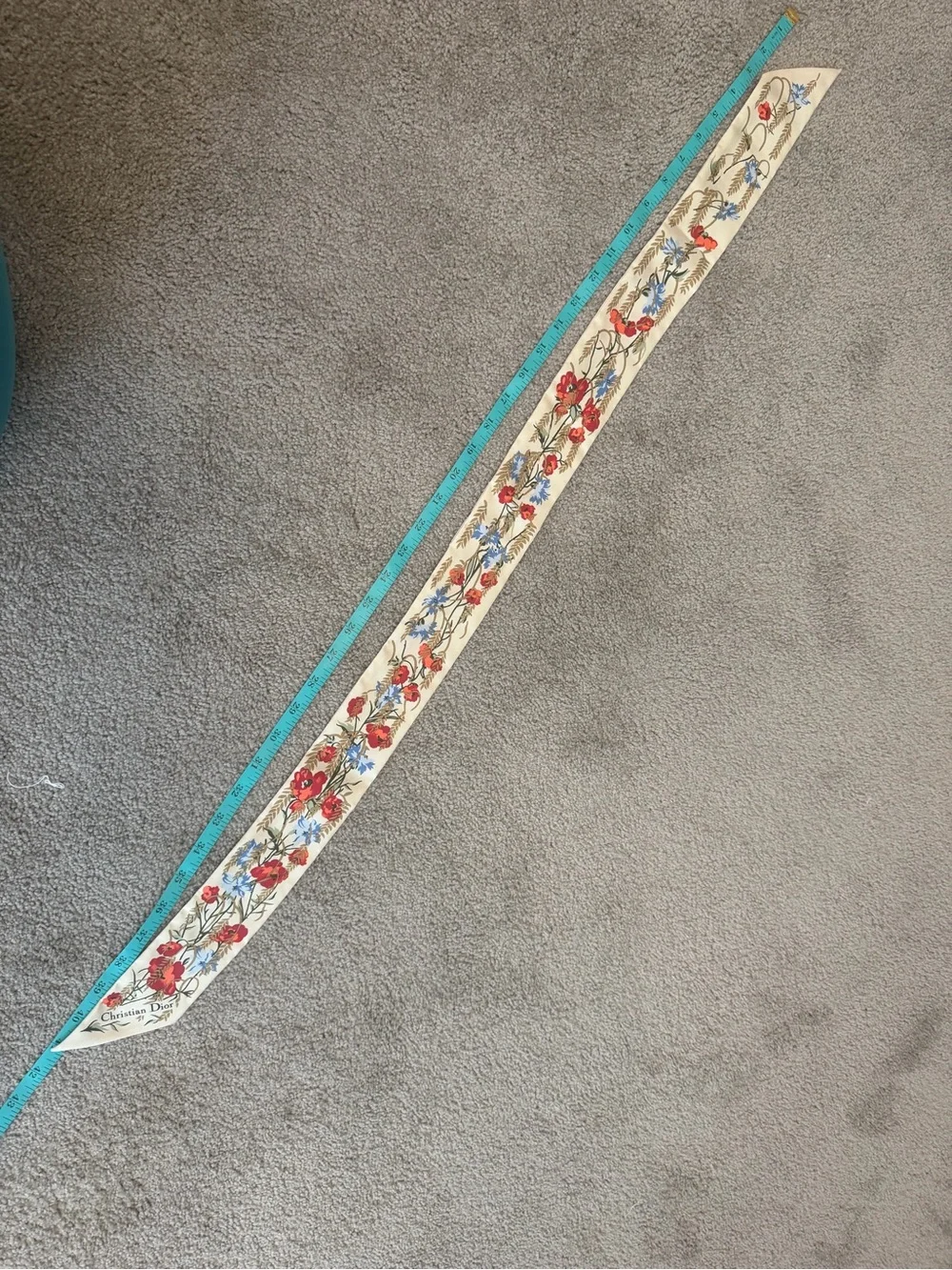 Dior Cream Silk Floral Bow Scarf with Red & Blue Blooms w/COA
